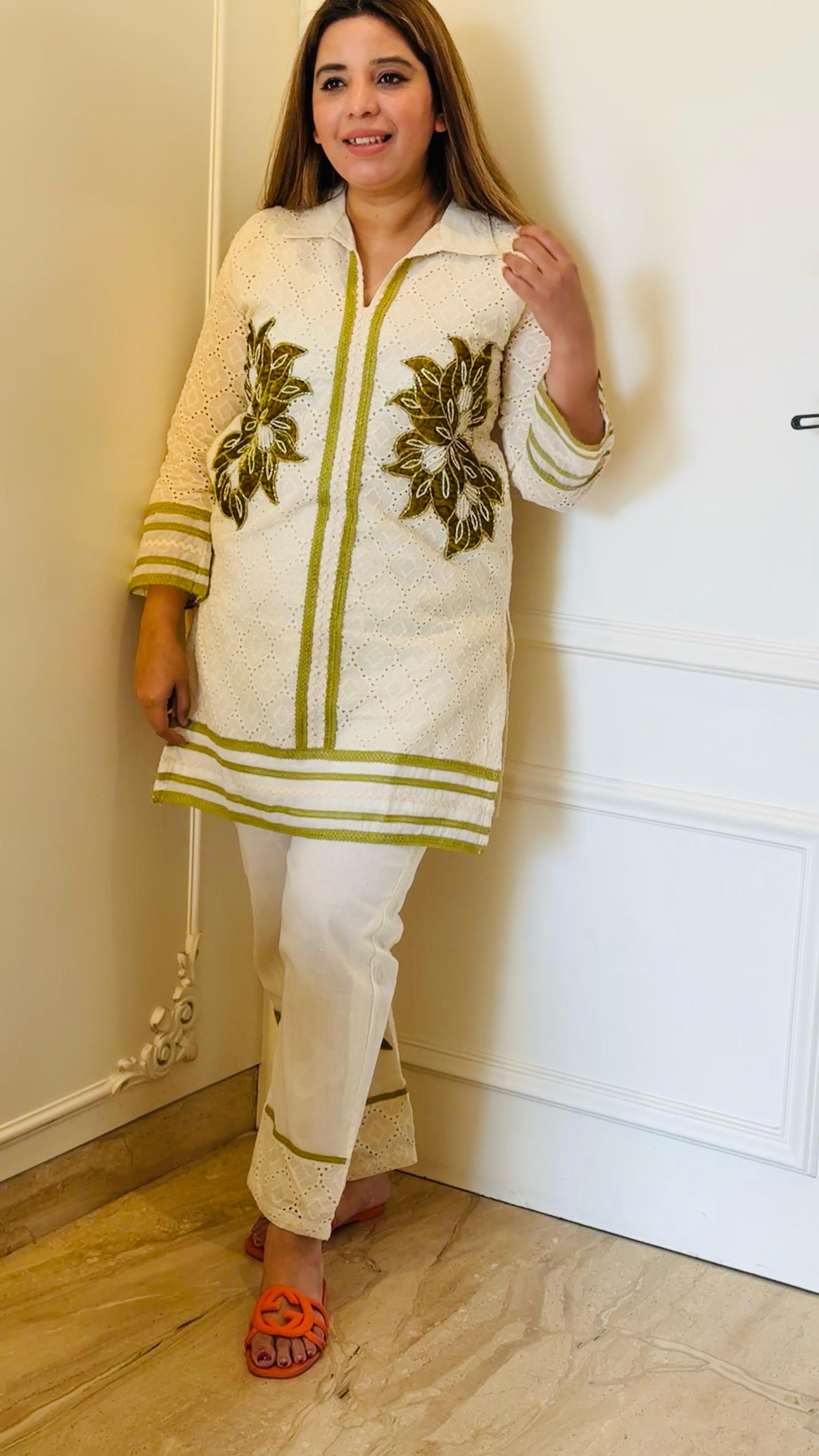White Multicolor Schiffli Co-ord Set